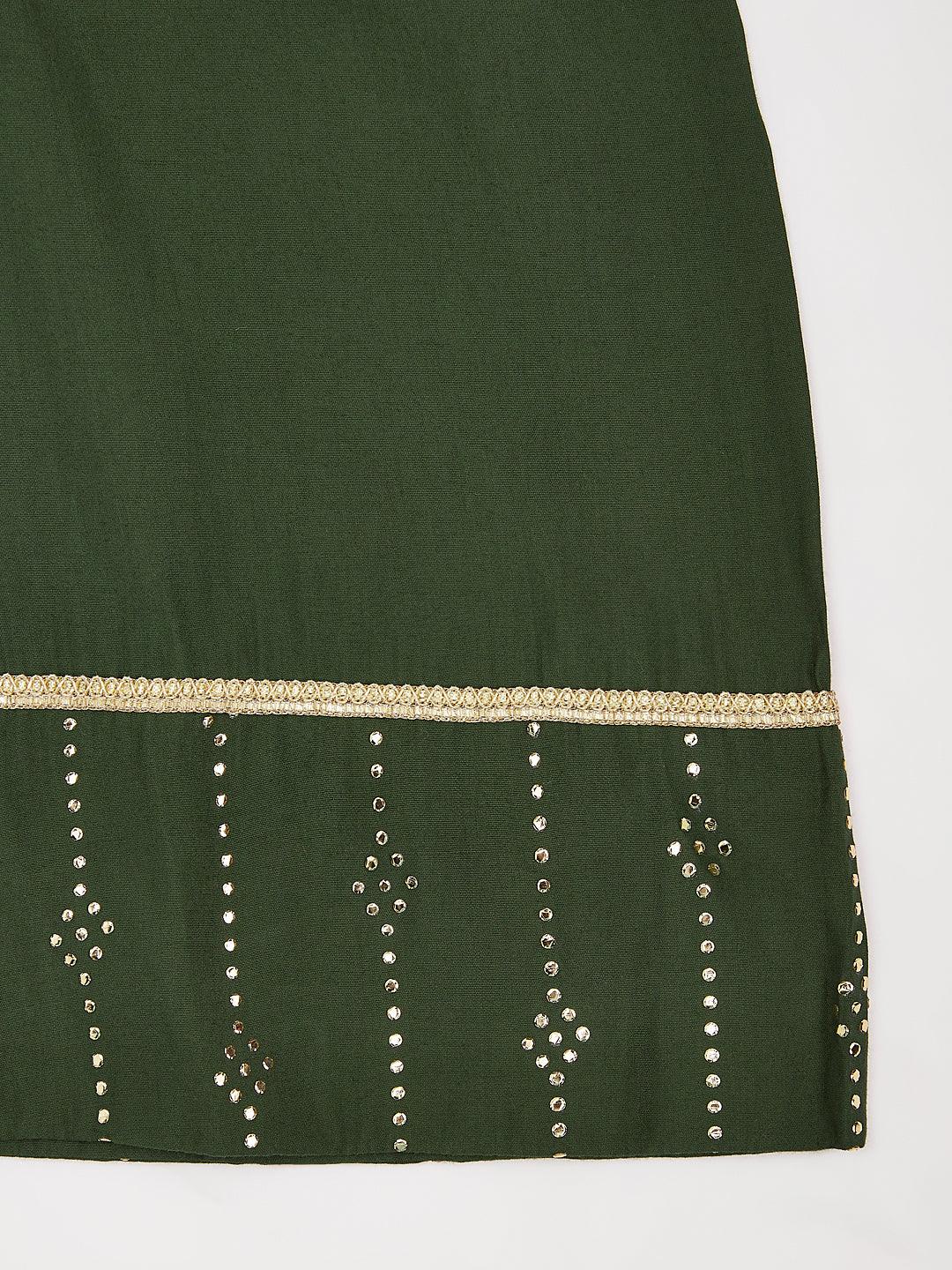 Girl's' Bottle Green Kurta Set With Dupatta