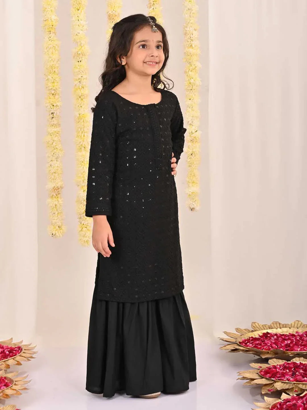Girl's' Black Embellished Kurta Palazzo Set
