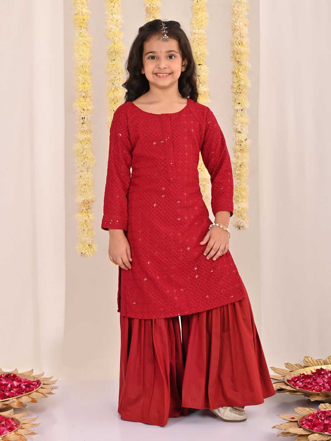 VASTRAMAY Girls' Maroon Embellished Kurta Palazzo Set - qivii