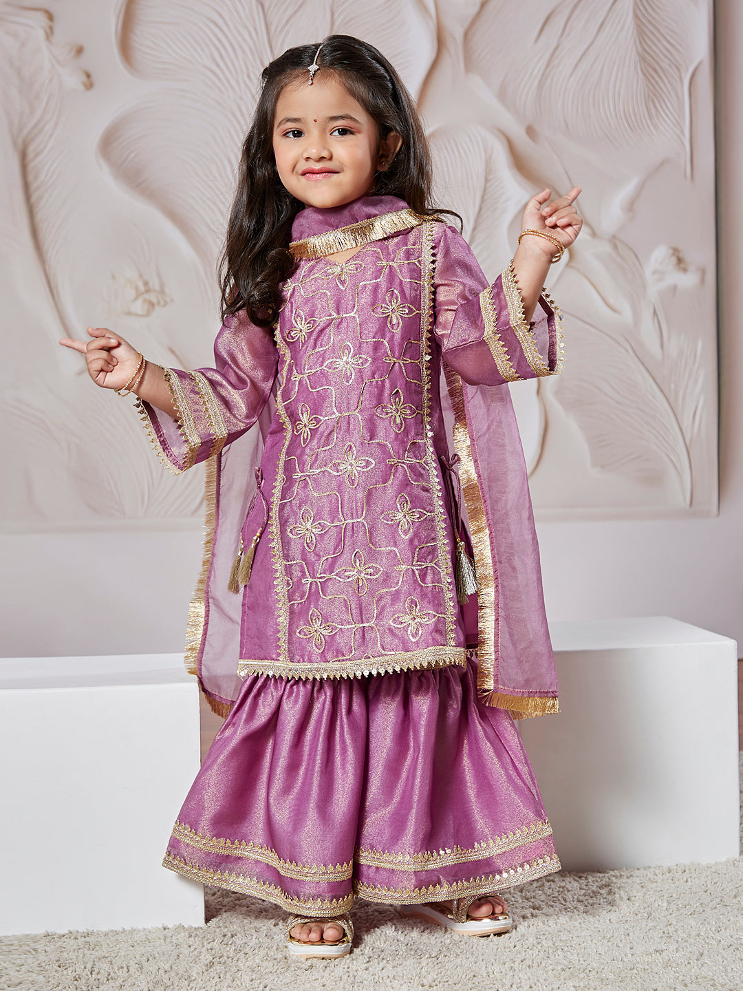 VASTRAMAY Girls' Purple Kurta Sharara Set With Dupatta - qivii