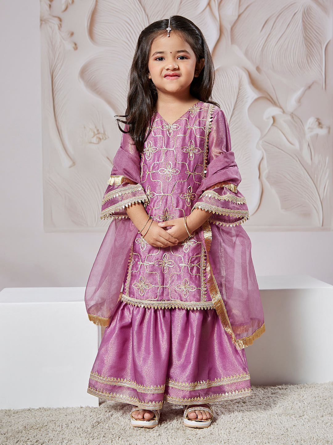 VASTRAMAY Girls' Purple Kurta Sharara Set With Dupatta - qivii