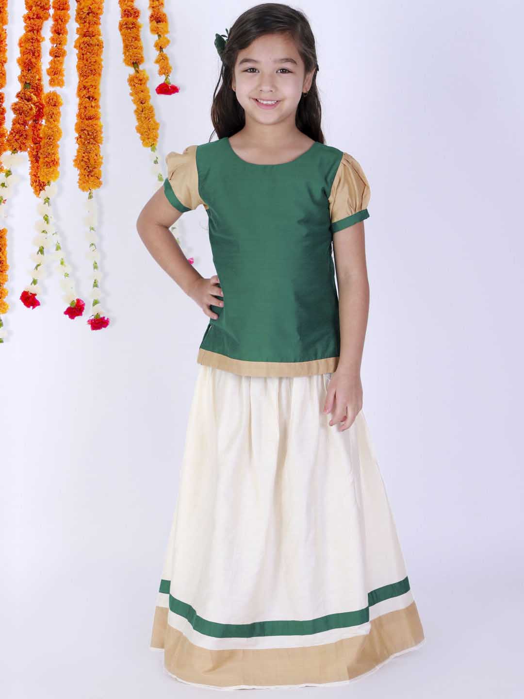 VASTRAMAY Girl's Green & White Pavda Pattu Lehenga Choli Set - qivii