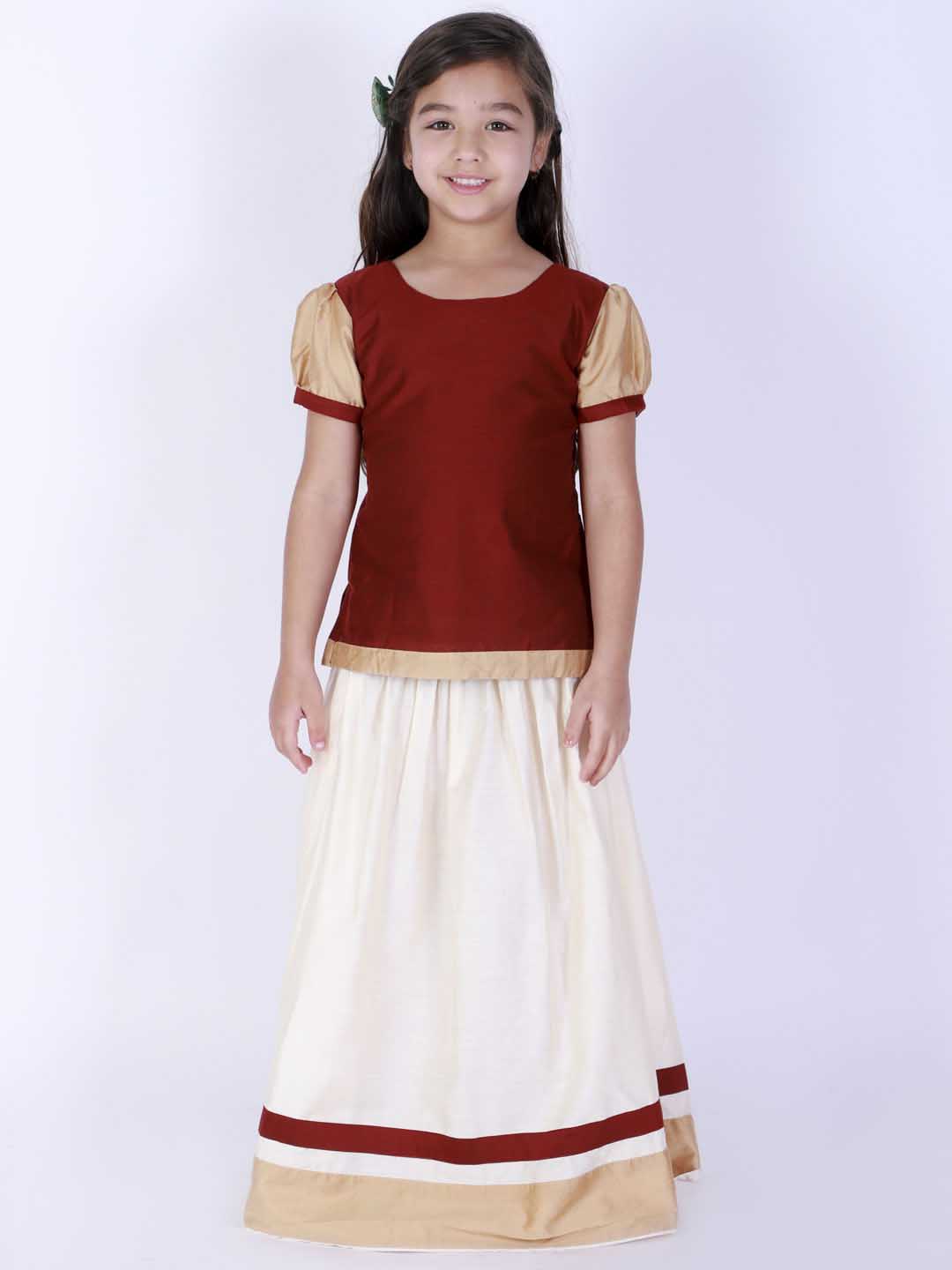VASTRAMAY Girl's Maroon & White Pavda Pattu Lehenga Choli Set - qivii
