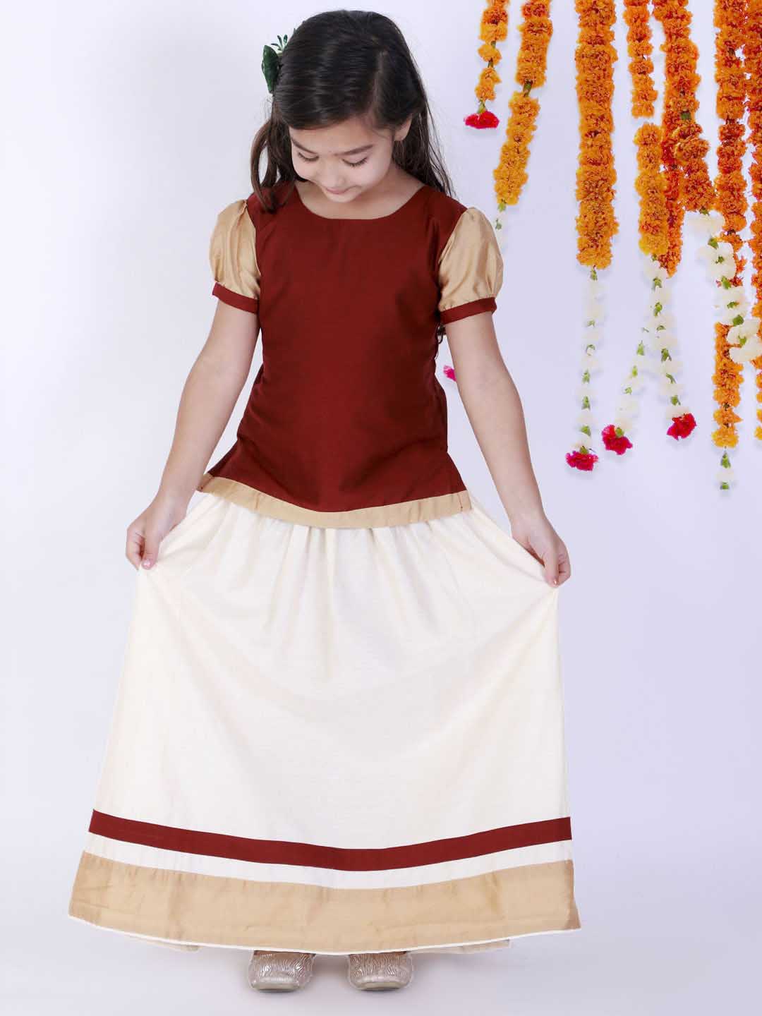 VASTRAMAY Girl's Maroon & White Pavda Pattu Lehenga Choli Set - qivii