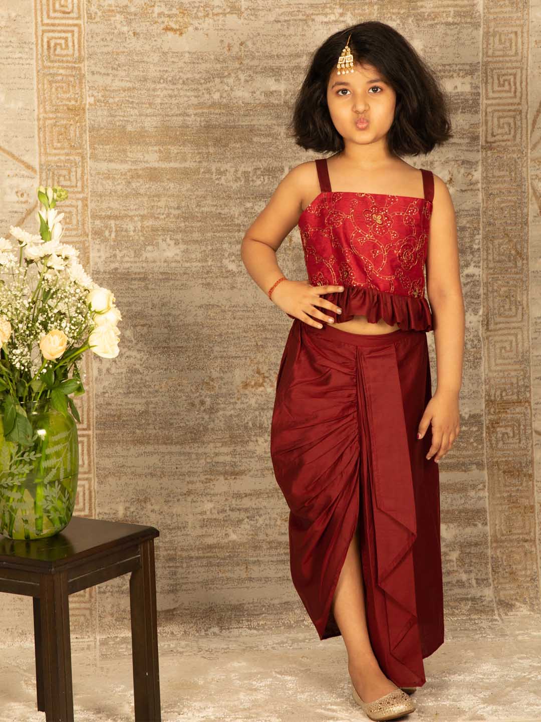Vastramay Girl's Maroon Draped Skirt With Crop Top - qivii