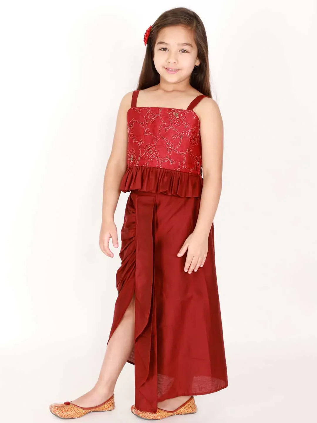 Girl's Maroon Draped Skirt With Crop Top