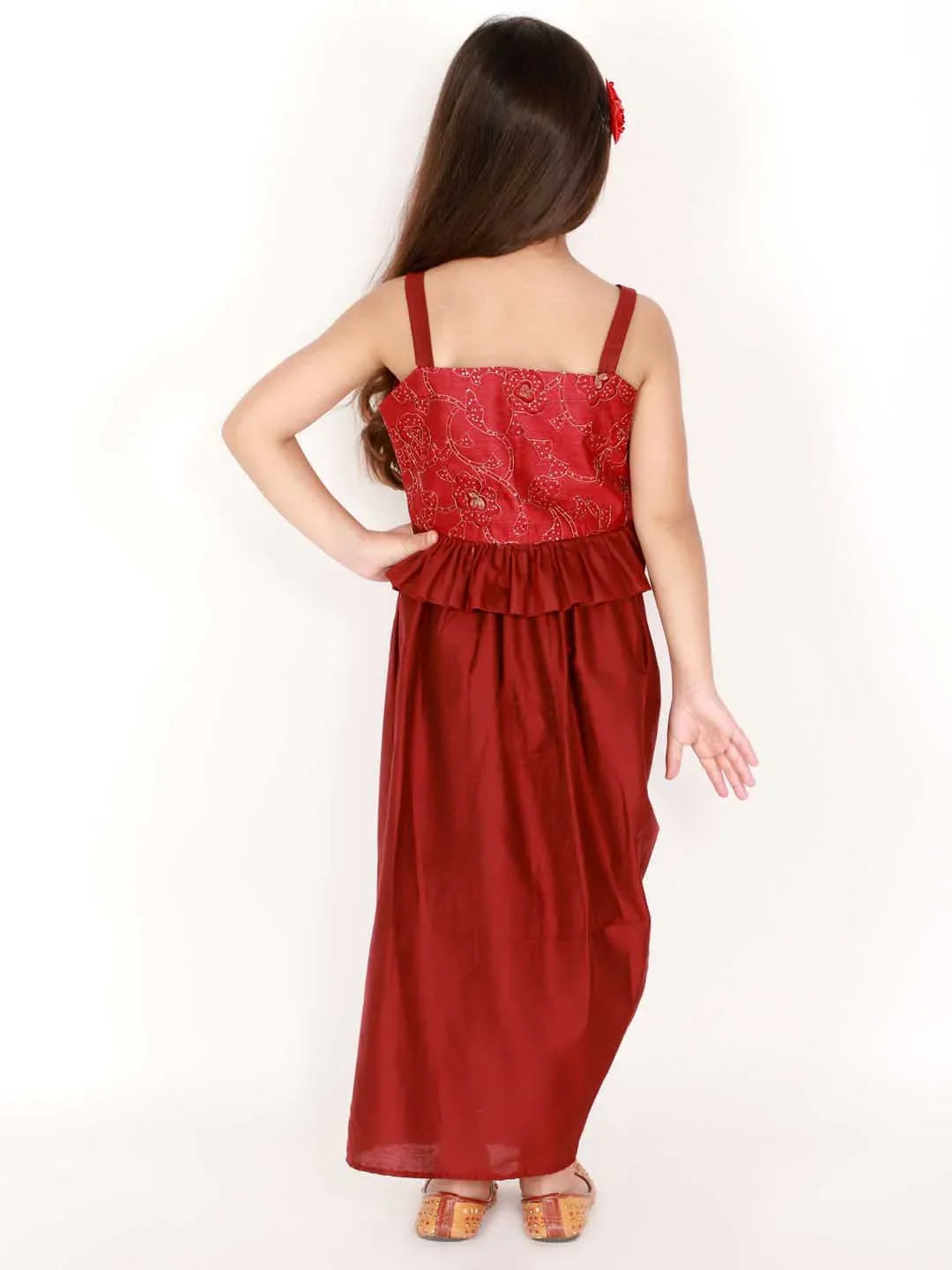 Girl's Maroon Draped Skirt With Crop Top