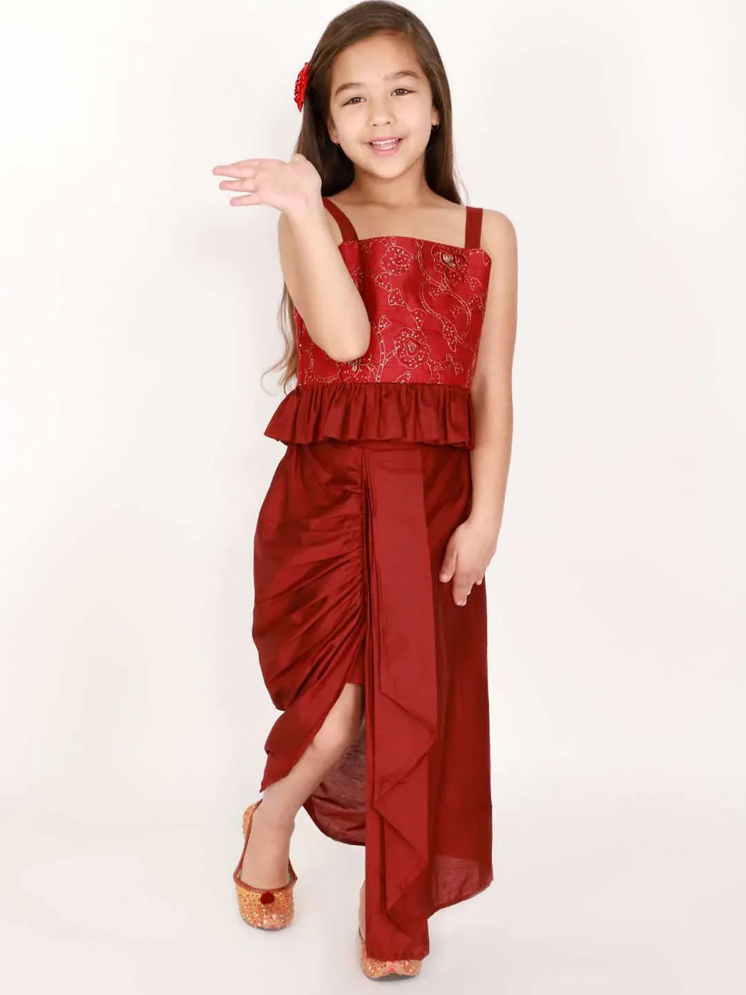 Girl's Maroon Draped Skirt With Crop Top