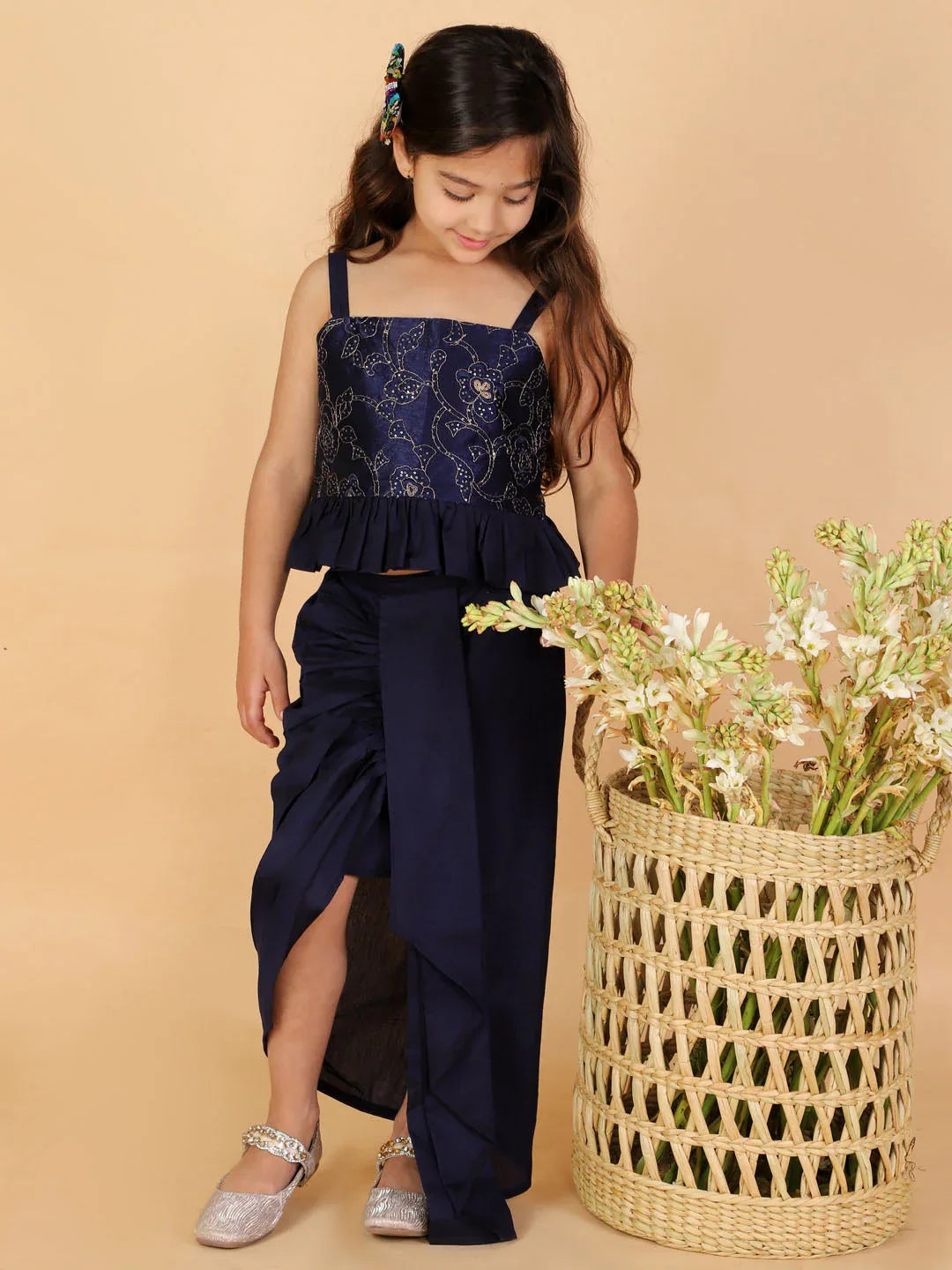 Girl's Navy Blue Draped Skirt With Crop Top