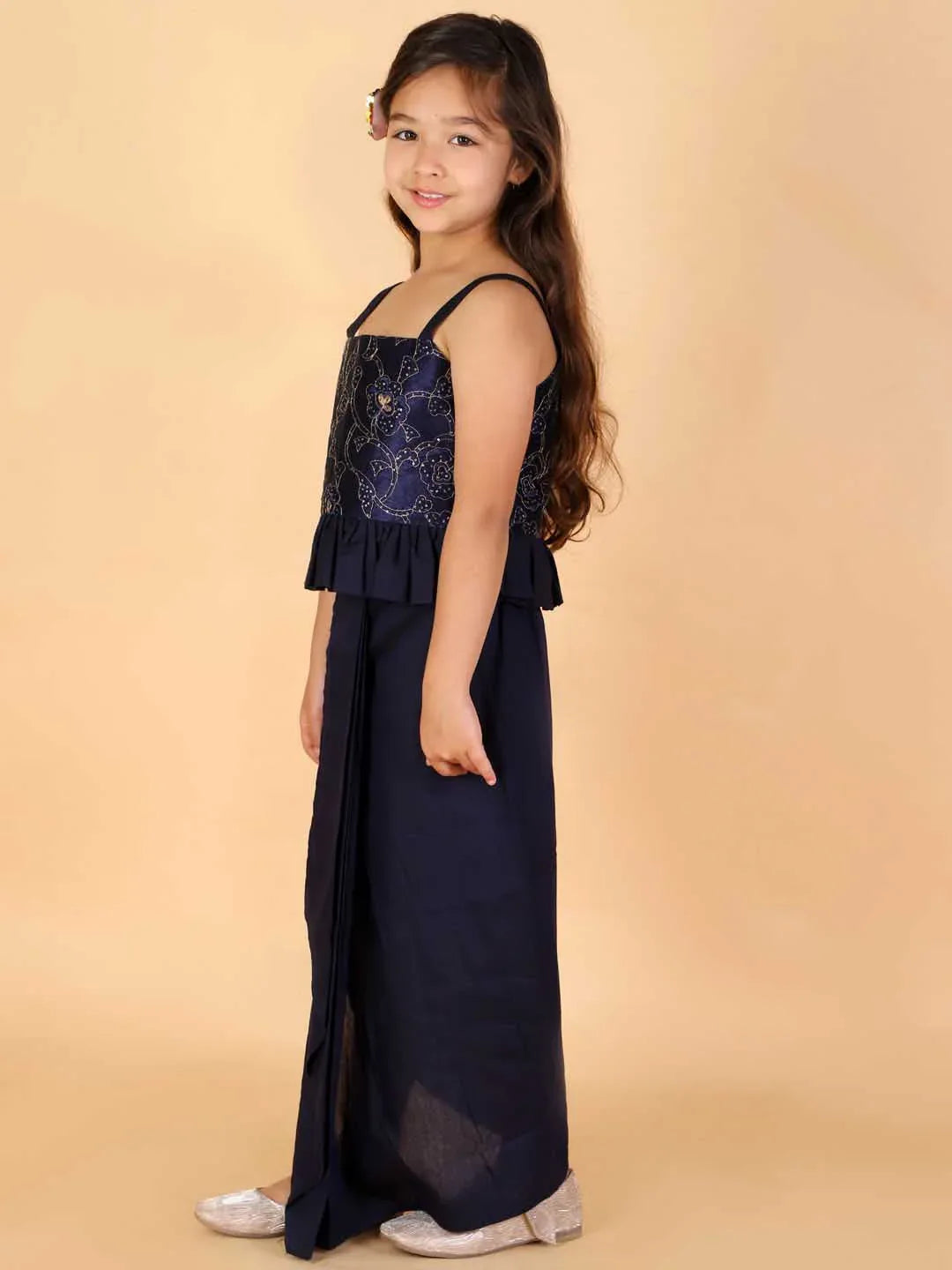 Girl's Navy Blue Draped Skirt With Crop Top