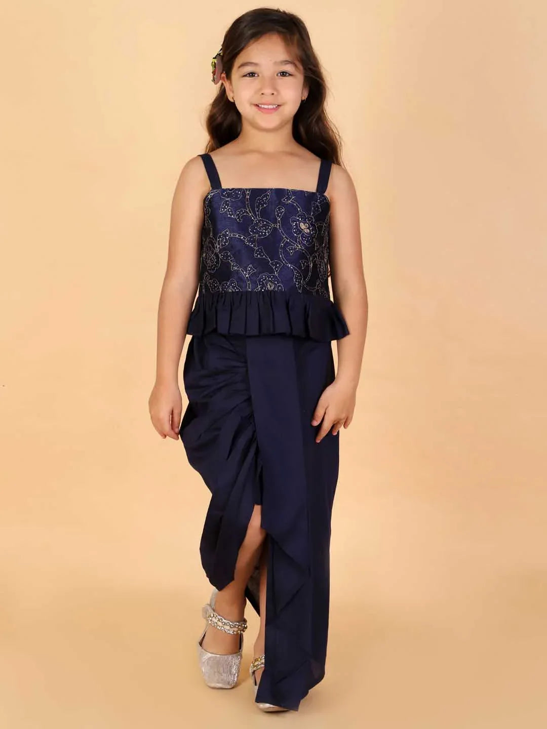 Girl's Navy Blue Draped Skirt With Crop Top