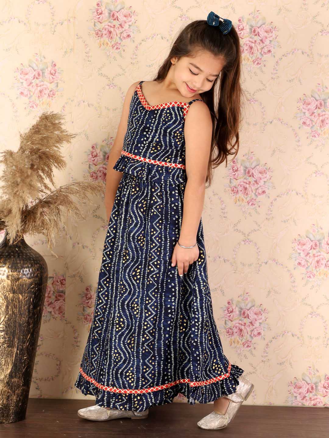 VASTRAMAY Girl's Blue Bandhani Top And Long Skirt Set - qivii