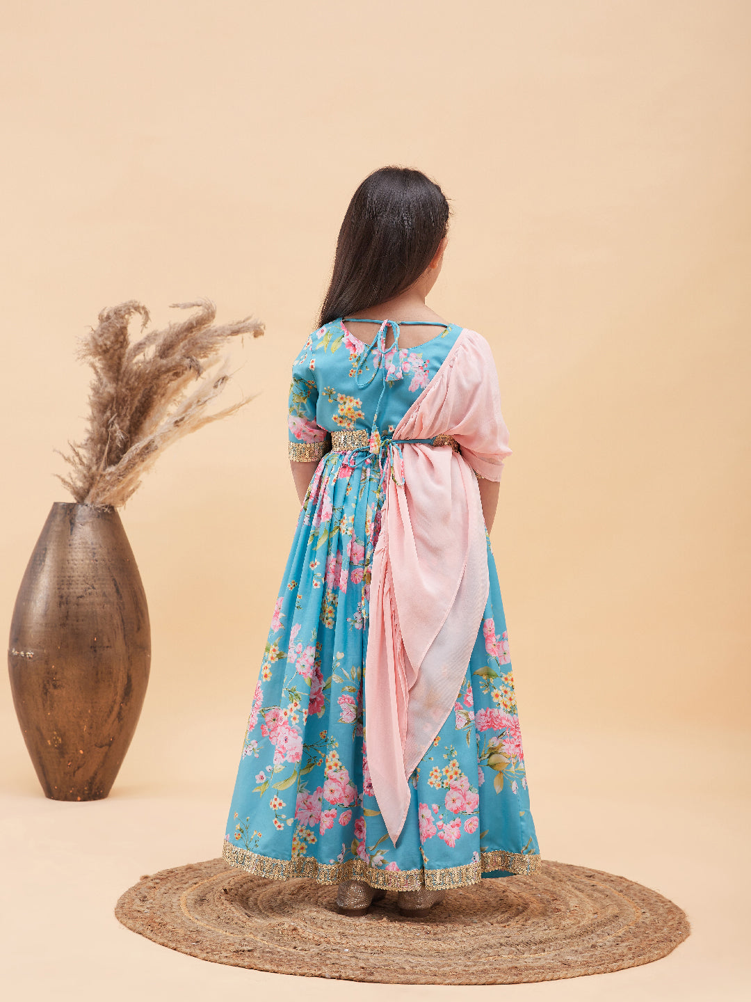 VASTRAMAY Girl's Aqua Blue Floral Print Lehenga Set - qivii