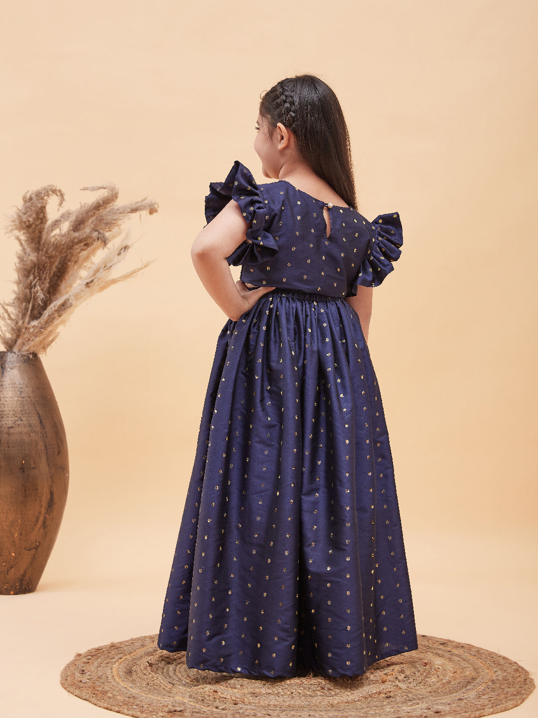 VASTRAMAY Girl's Navy Blue Woven Design Booti Crop Top And Long Skirt Set - qivii