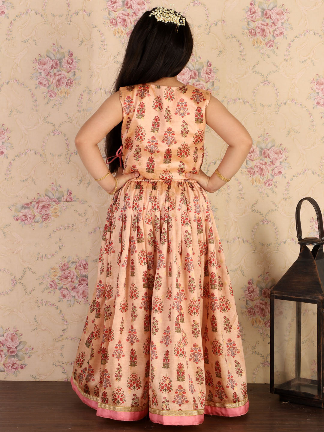 VASTRAMAY Girl's Peach Printed Silk Blend Crop Top & Pleated Long Skirt Set - qivii