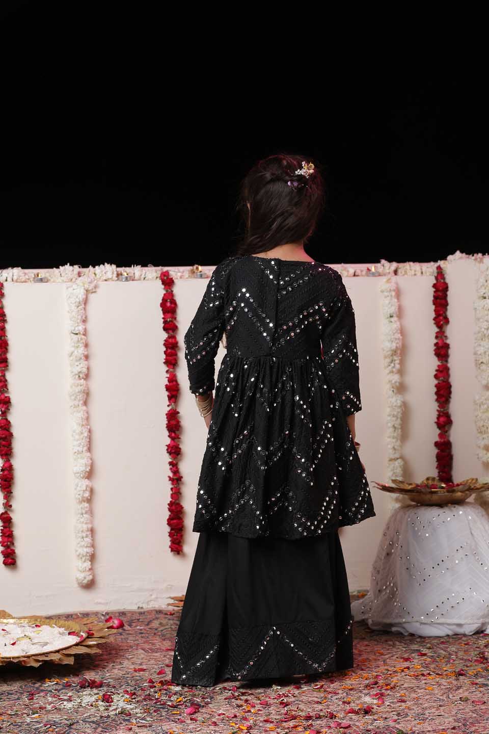 VASTRAMAY Girl's Black Mirror Work Flared Kurta And Long Skirt Set - qivii