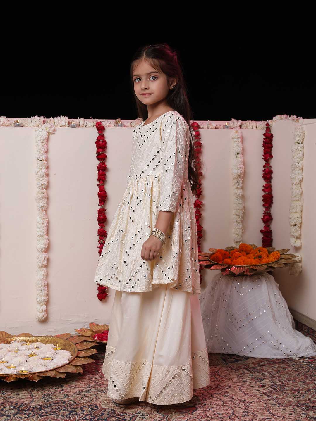 VASTRAMAY Girl's Cream Mirror Work Flair Kurti With Mirror Bordered Long Skirt Set - qivii