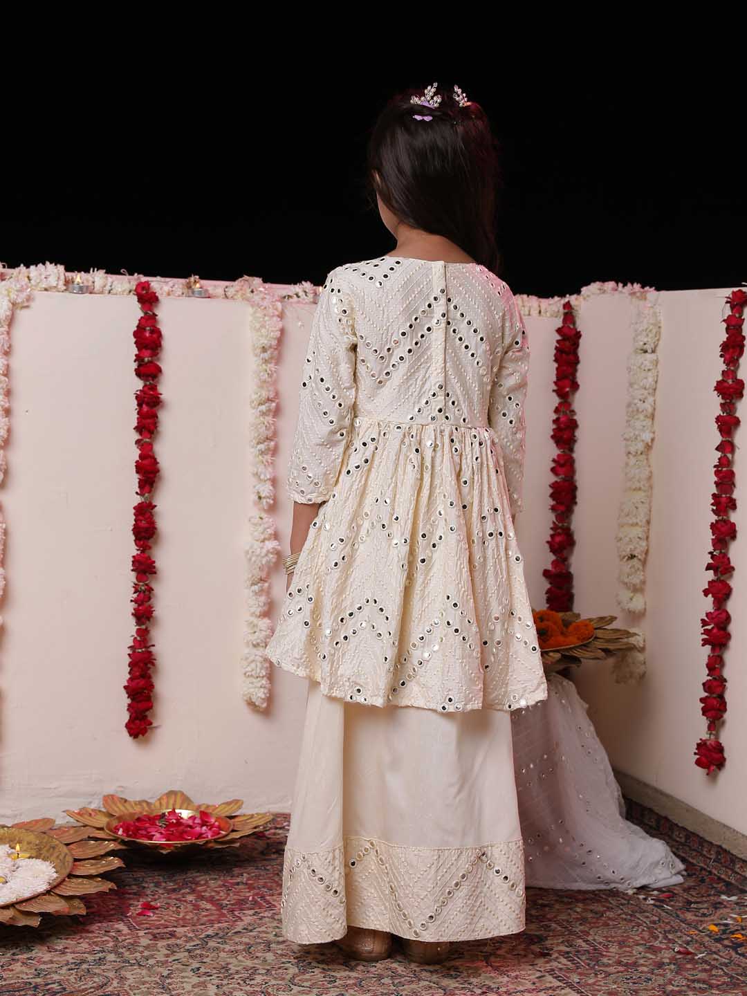 VASTRAMAY Girl's Cream Mirror Work Flair Kurti With Mirror Bordered Long Skirt Set - qivii