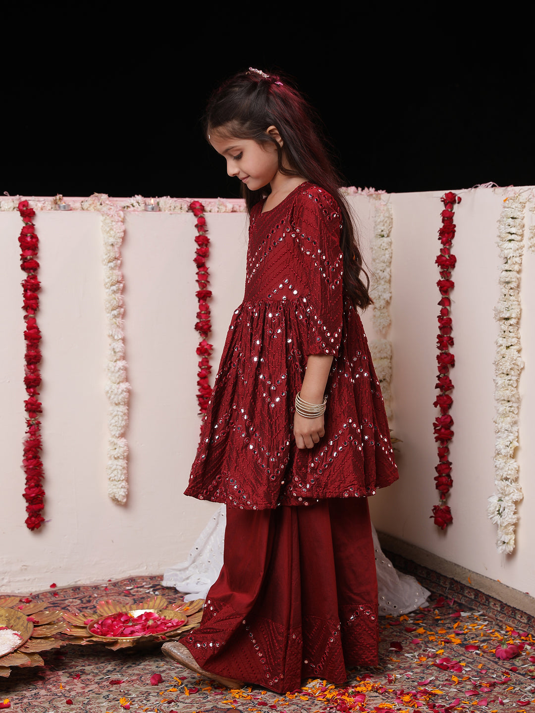 VASTRAMAY Girl's Maroon Mirror Work Flared Kurta Long Skirt Set - qivii