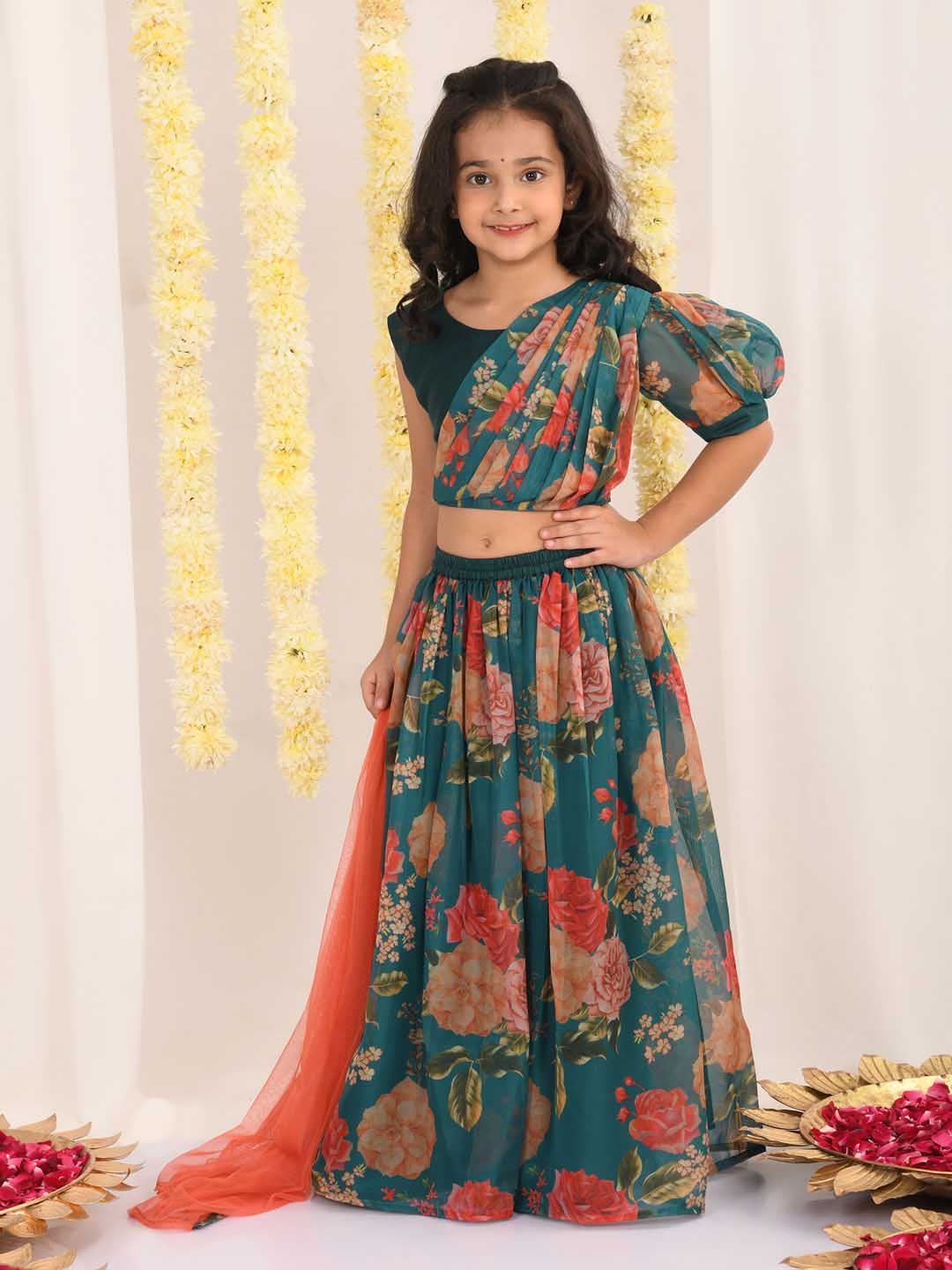 VASTRAMAY Girls' Green Printed Organza Lehenga With Dupatta Set - qivii