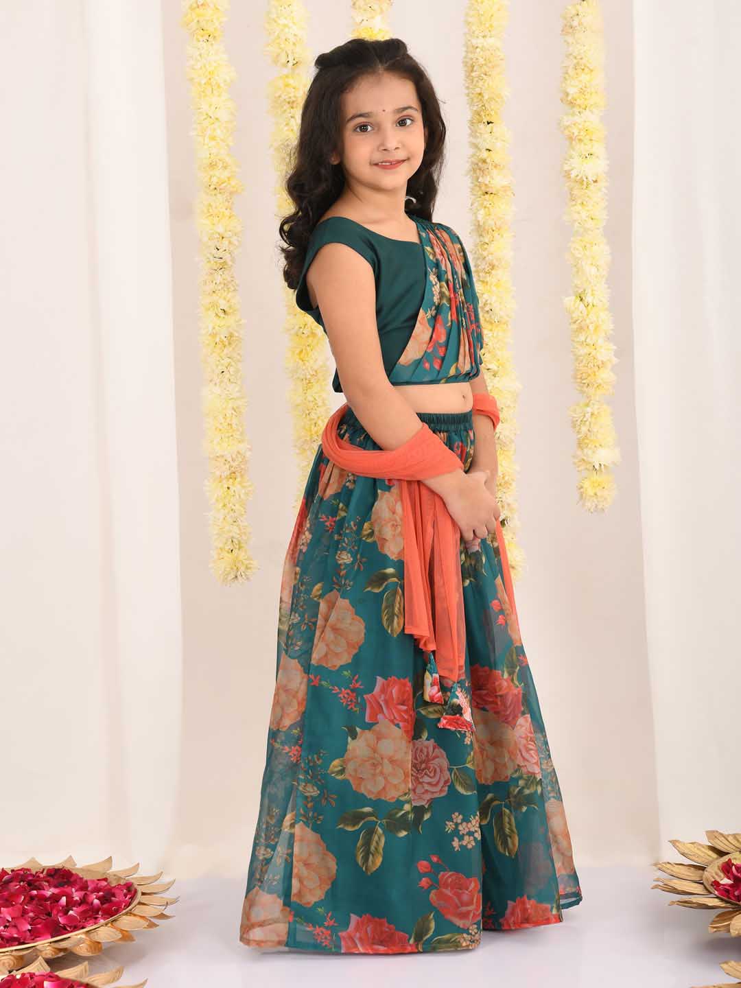 VASTRAMAY Girls' Green Printed Organza Lehenga With Dupatta Set - qivii