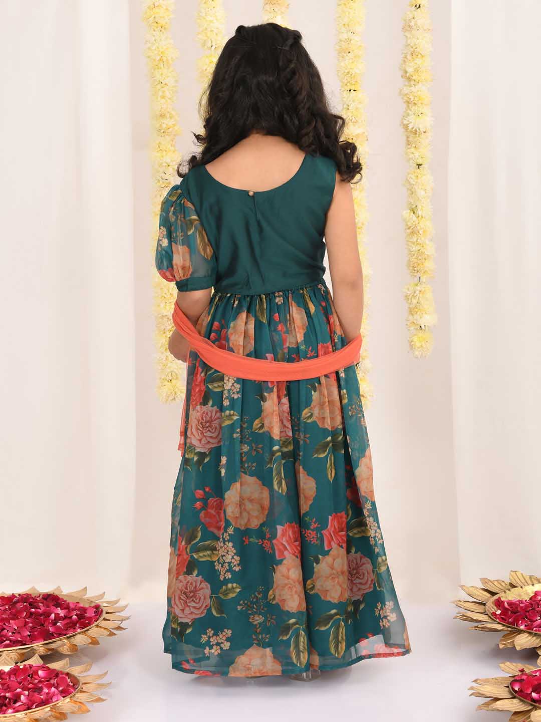 VASTRAMAY Girls' Green Printed Organza Lehenga With Dupatta Set - qivii