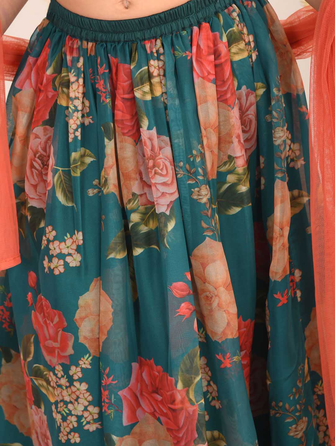 VASTRAMAY Girls' Green Printed Organza Lehenga With Dupatta Set - qivii