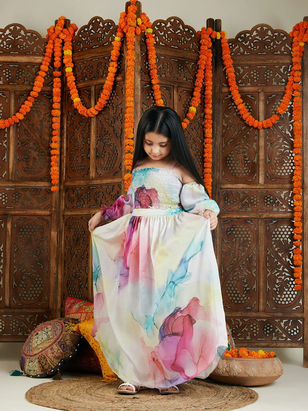 Girl's Multicolor Printed Satin Two Piece Set