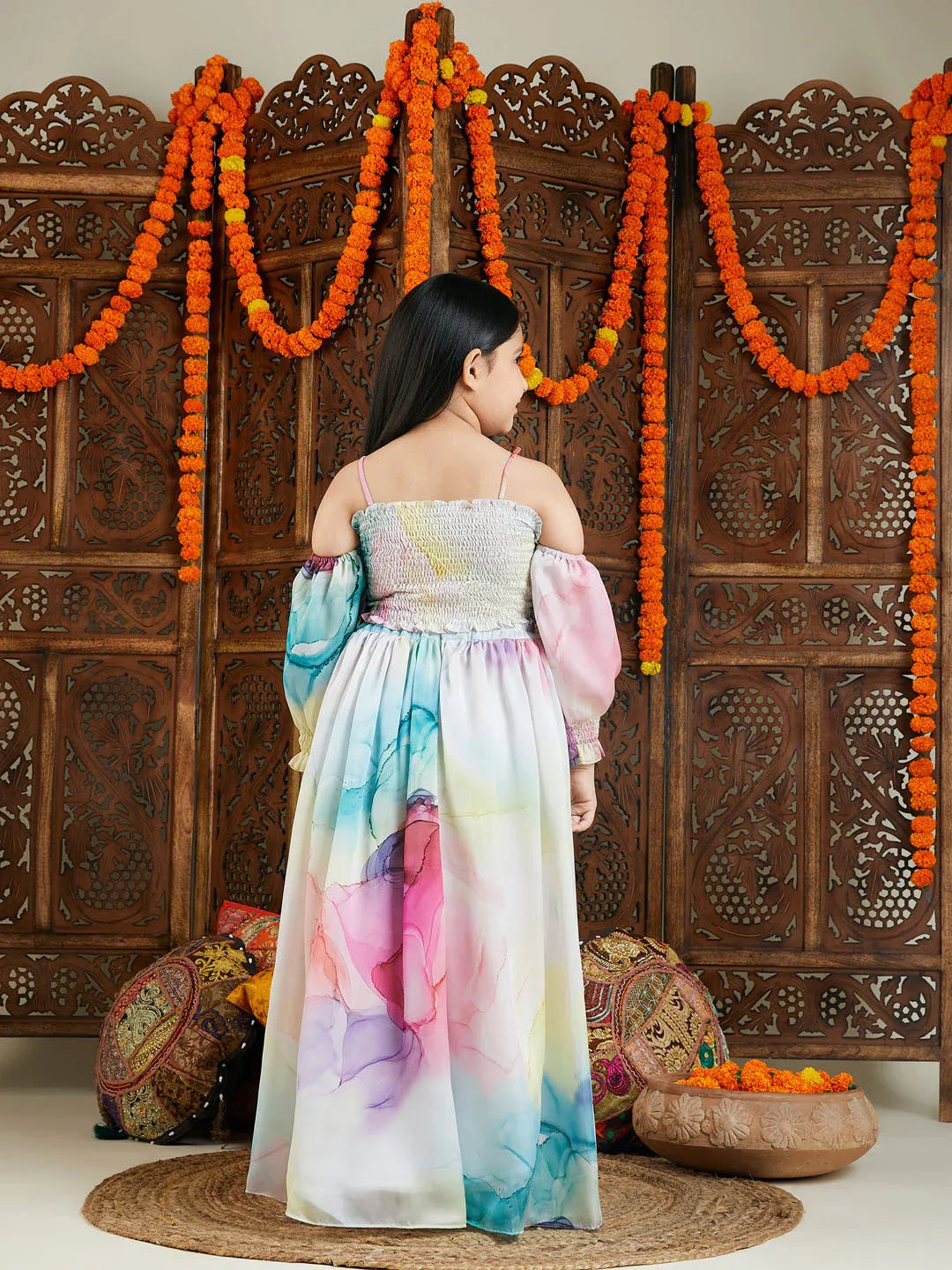 Girl's Multicolor Printed Satin Two Piece Set