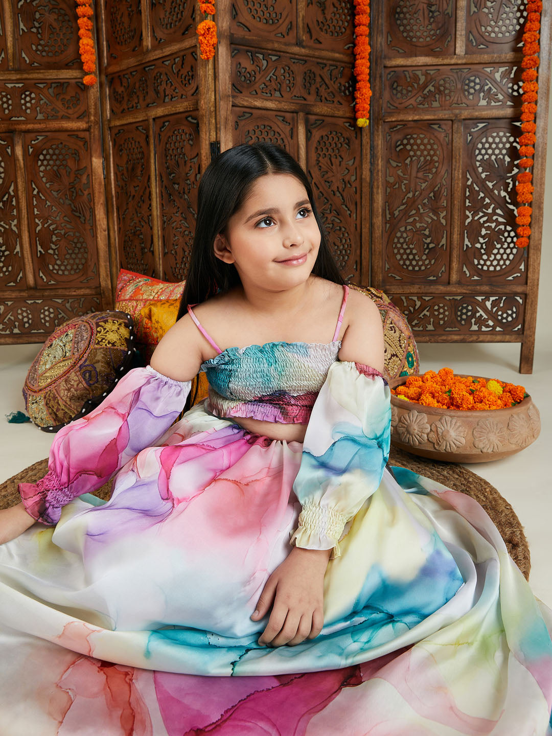 VASTRAMAY Girl's Multicolor Printed Satin Two Piece Set - qivii