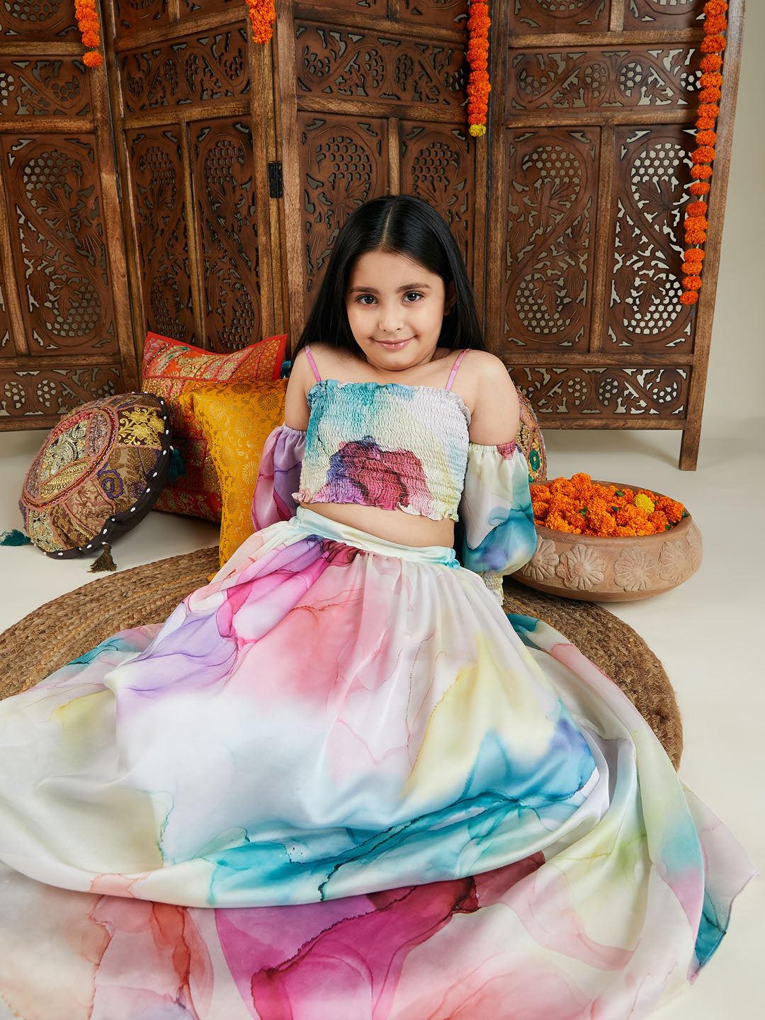 VASTRAMAY Girl's Multicolor Printed Satin Two Piece Set - qivii