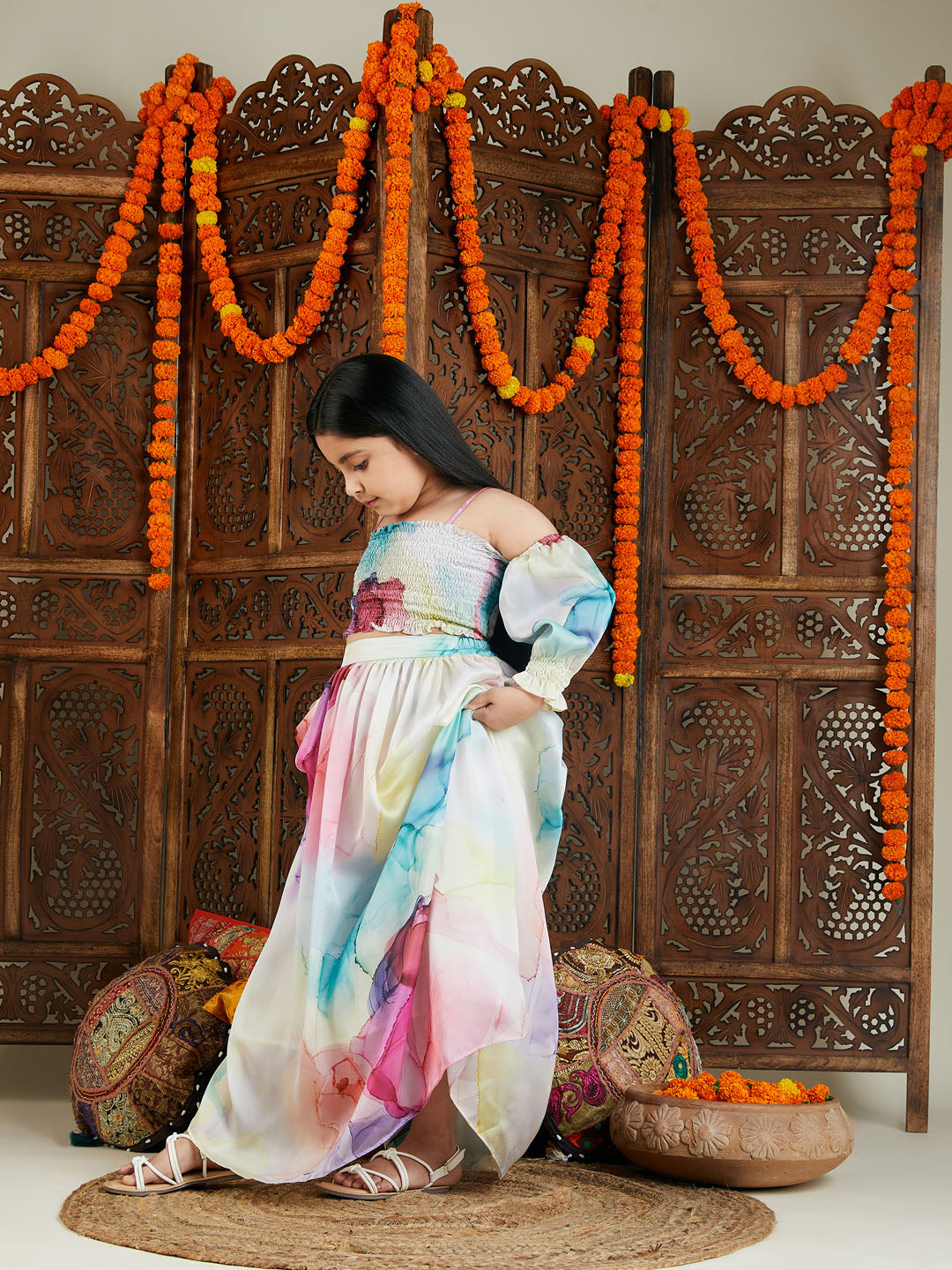 VASTRAMAY Girl's Multicolor Printed Satin Two Piece Set - qivii