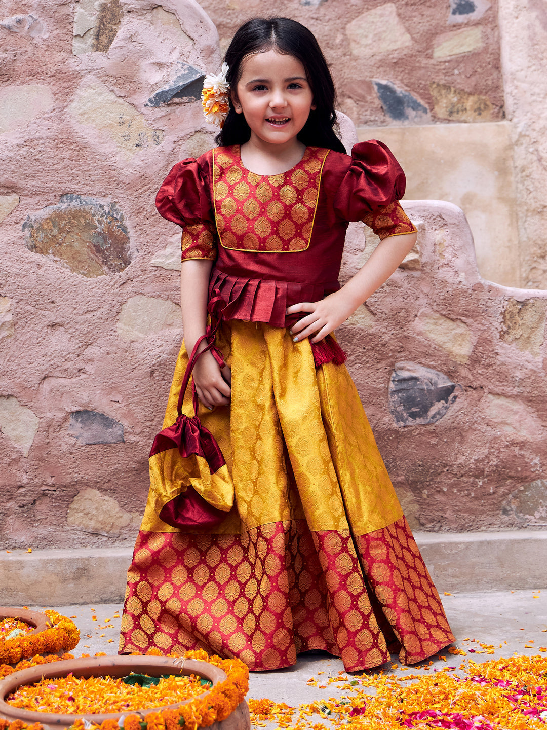 VASTRAMAY Girls' Mustard And Maroon Lehenga Set - qivii