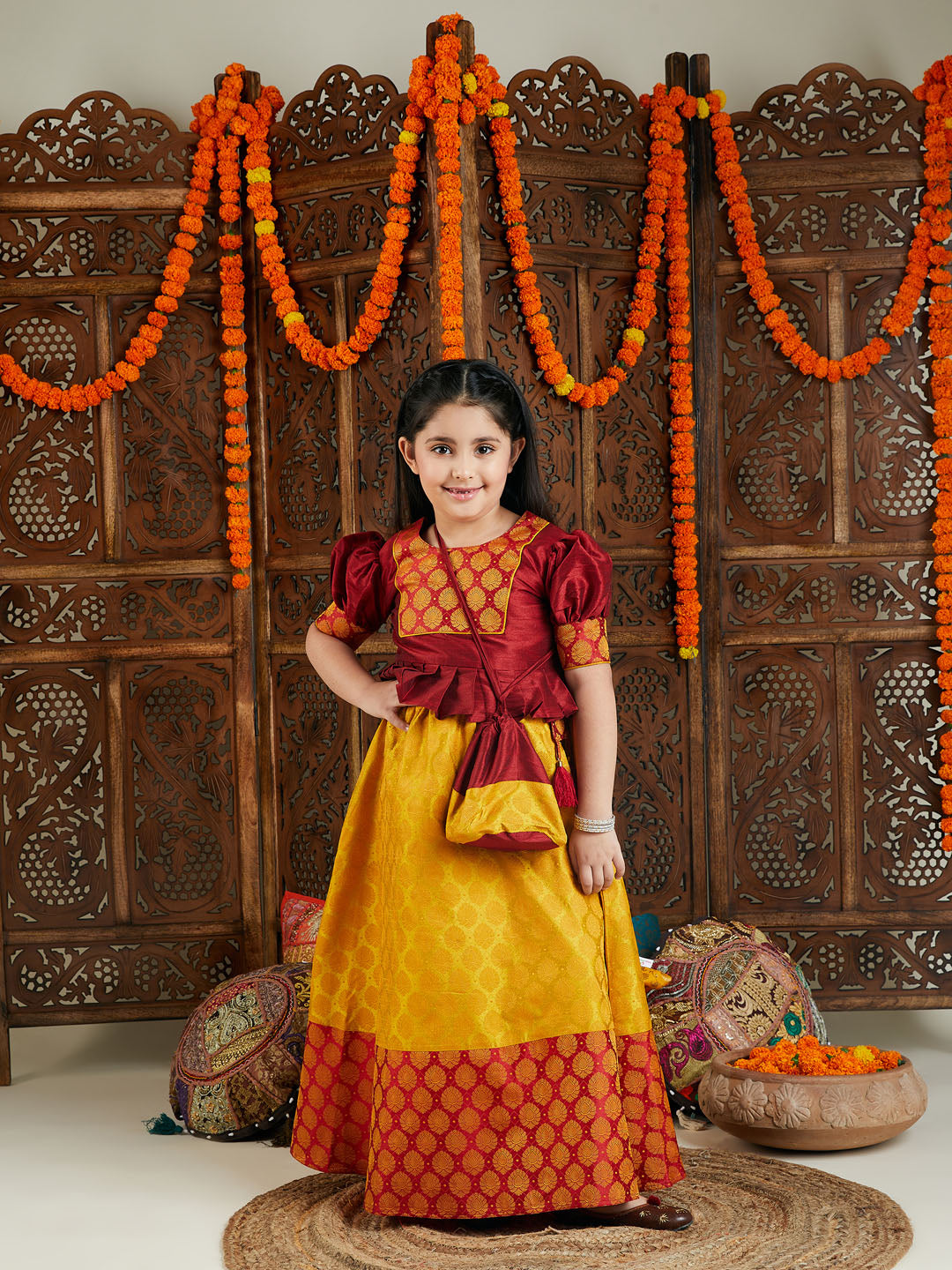 VASTRAMAY Girls' Mustard And Maroon Lehenga Set - qivii