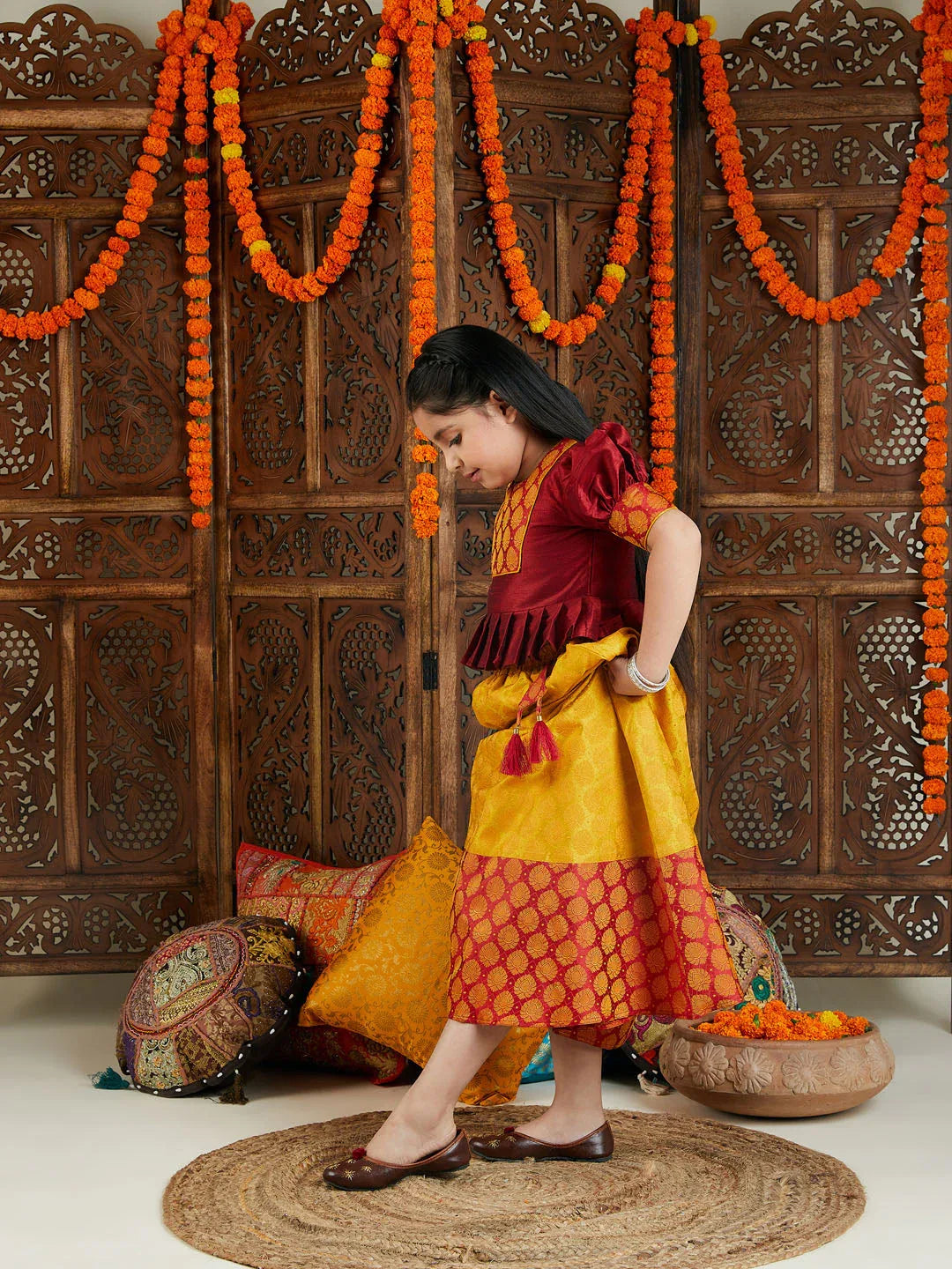 Girl's' Mustard And Maroon Lehenga Set