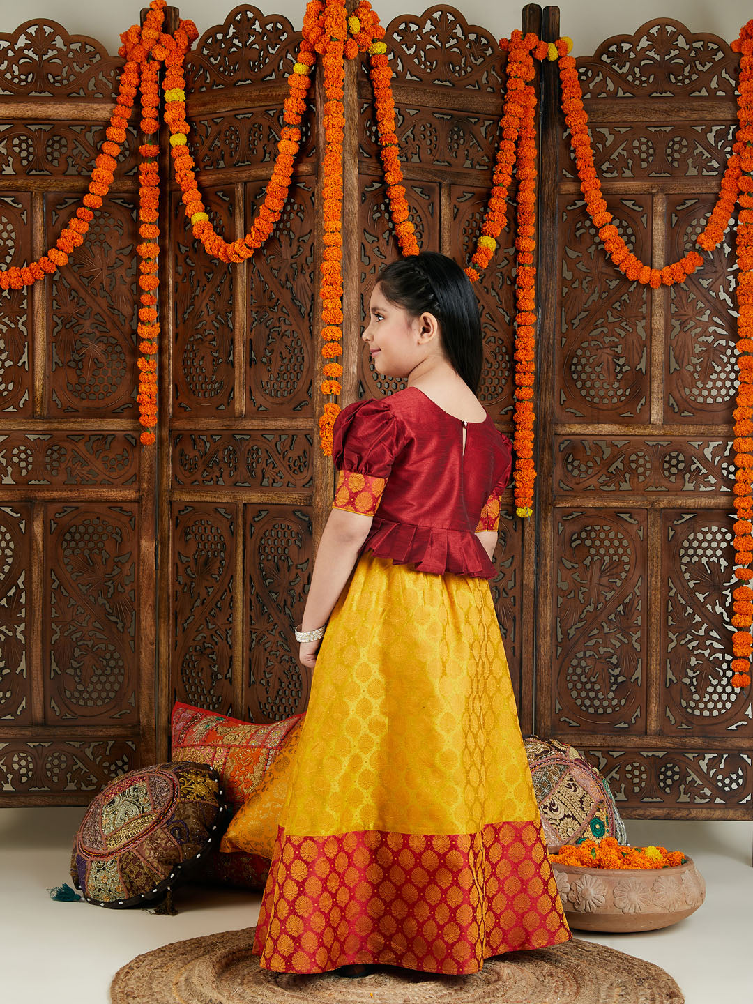VASTRAMAY Girls' Mustard And Maroon Lehenga Set - qivii