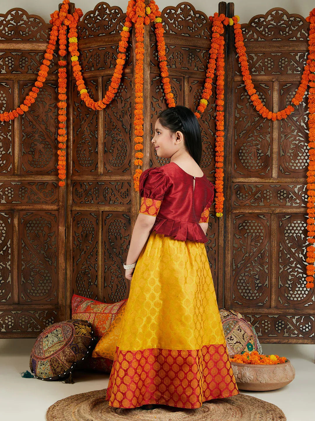 Girl's' Mustard And Maroon Lehenga Set