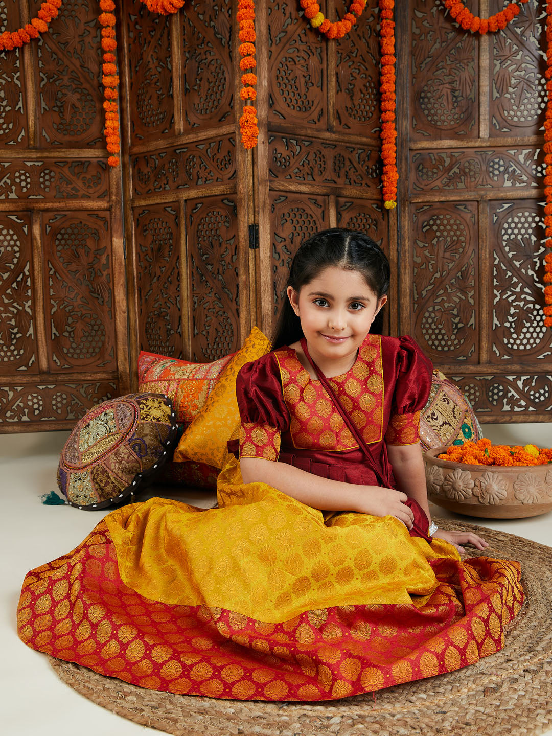VASTRAMAY Girls' Mustard And Maroon Lehenga Set - qivii