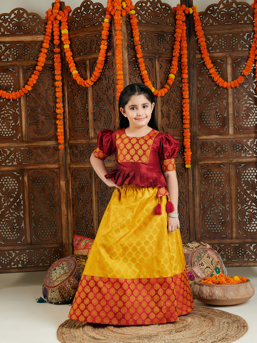 VASTRAMAY Girls' Mustard And Maroon Lehenga Set - qivii