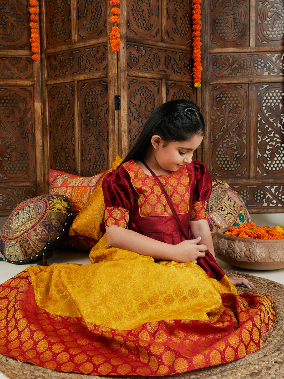 VASTRAMAY Girls' Mustard And Maroon Lehenga Set - qivii