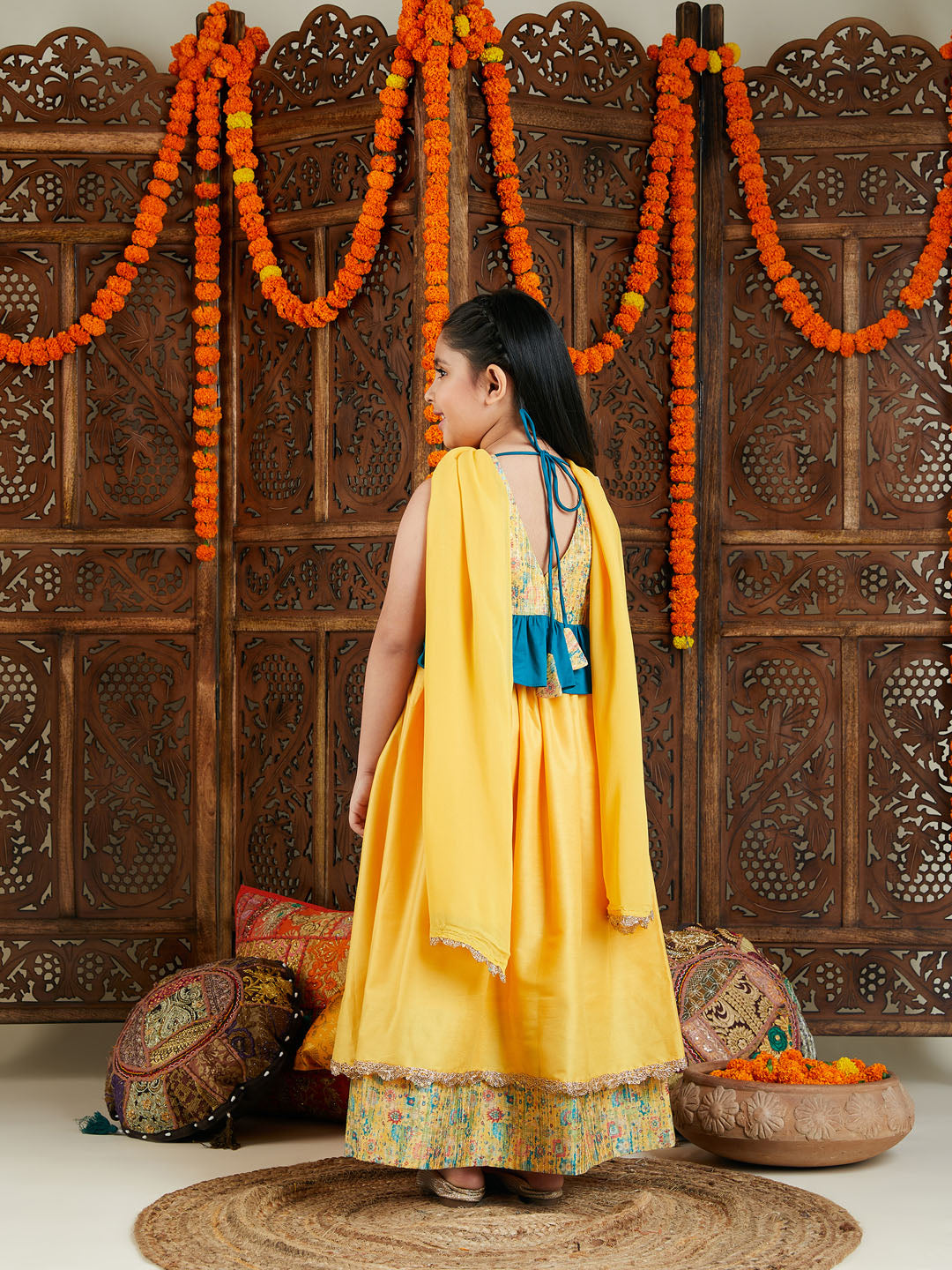 VASTRAMAY Girls' Yellow Silk Blend Embellished Lehenga Set - qivii