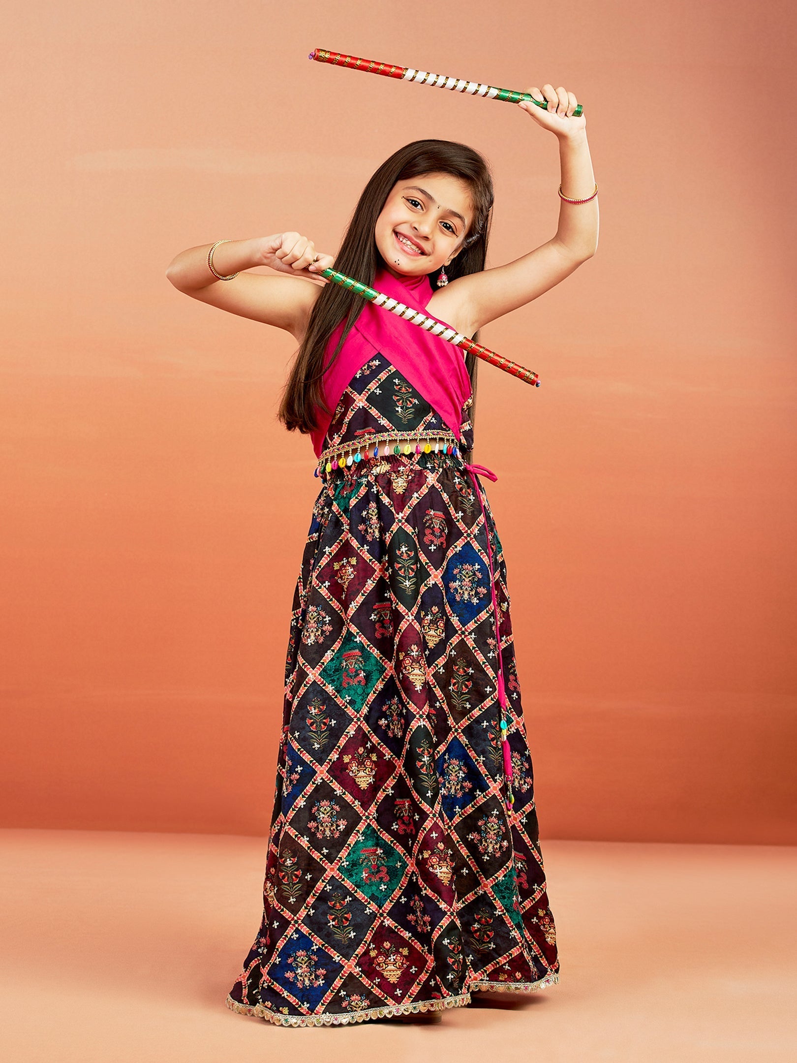 VASTRAMAY Girls' Multi Color Printed Cotton Blend Lehenga Set - qivii