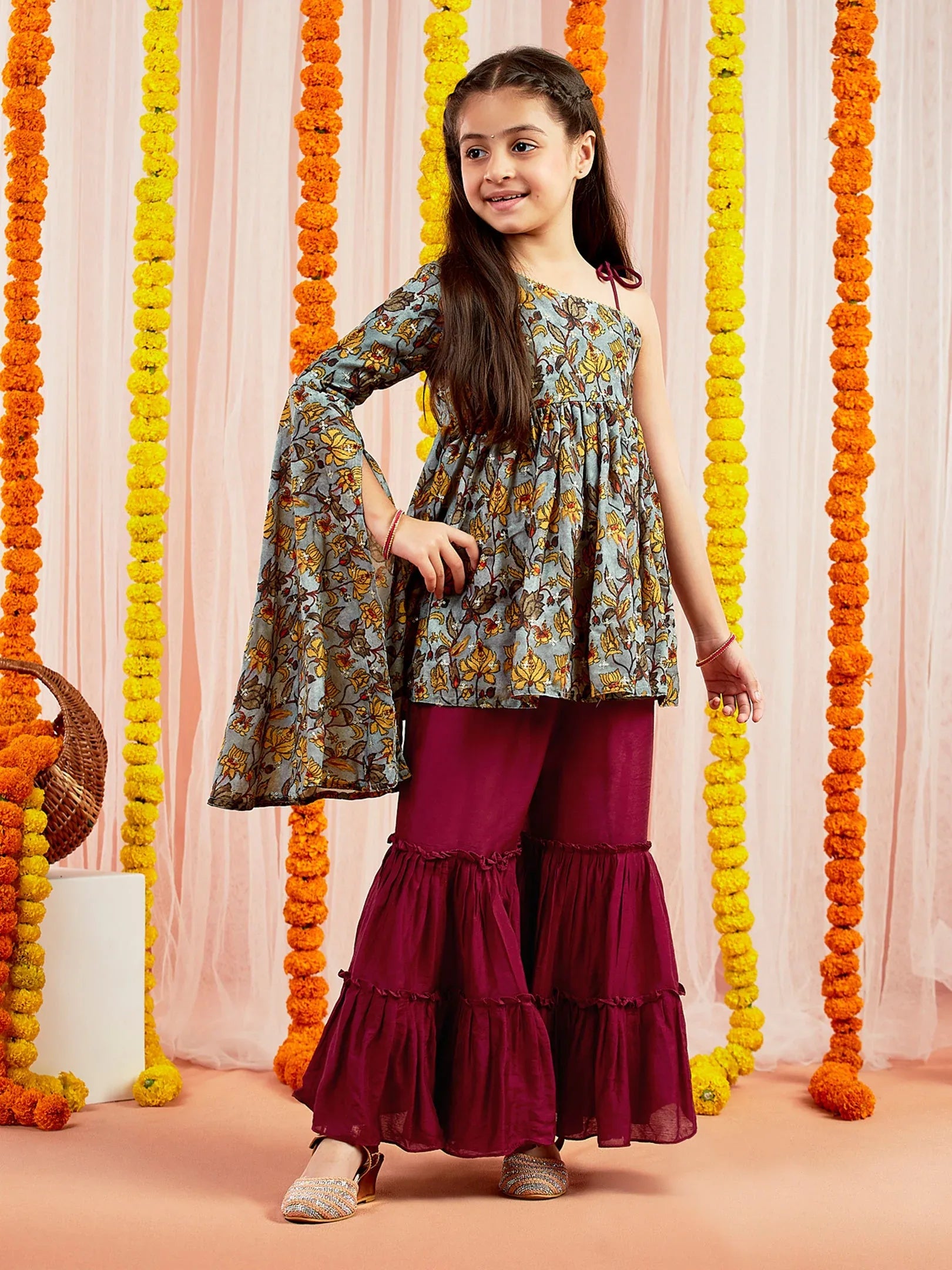 Girls' Grey Printed Tunic With Palazzo Set