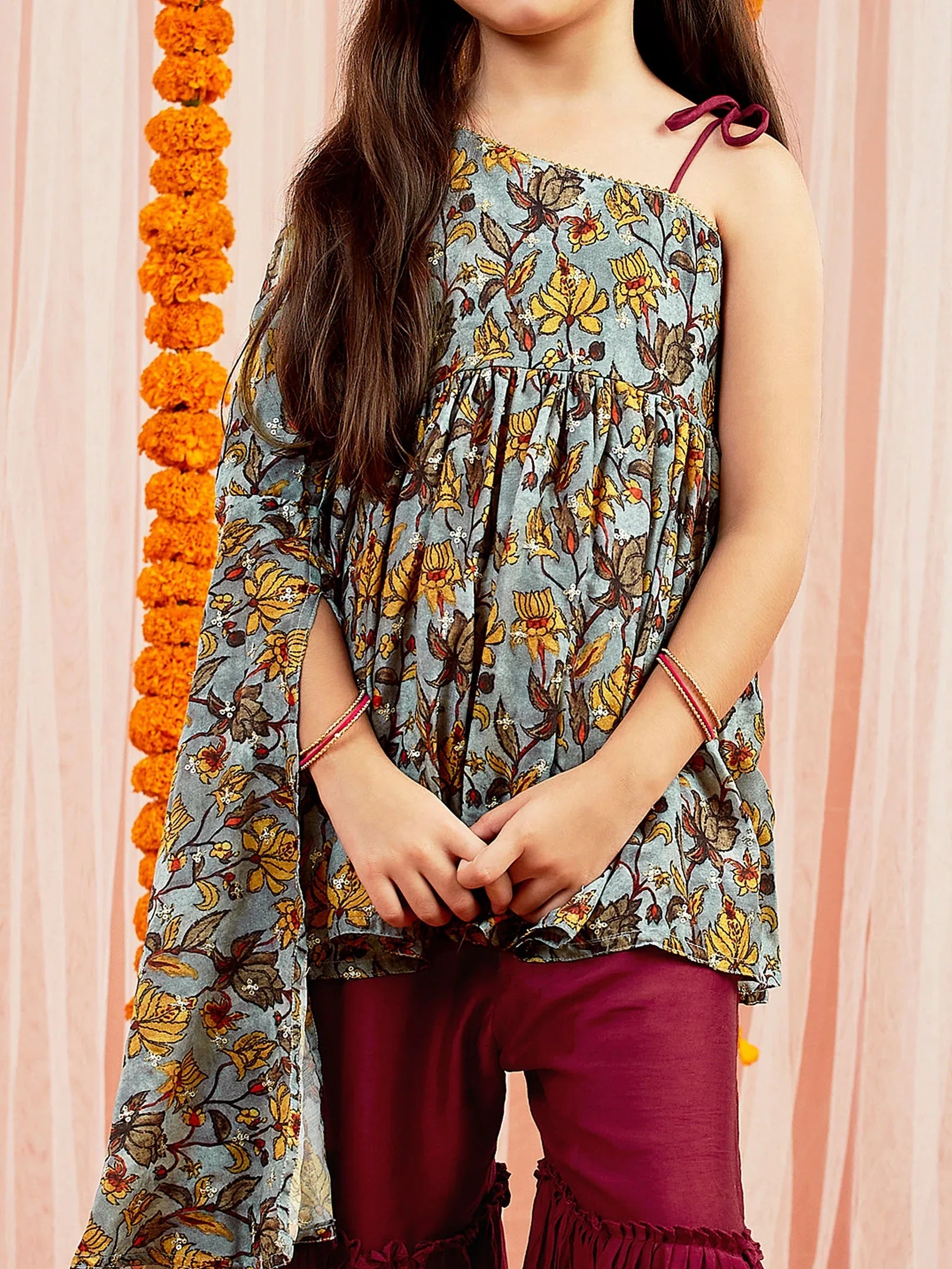 Girls' Grey Printed Tunic With Palazzo Set