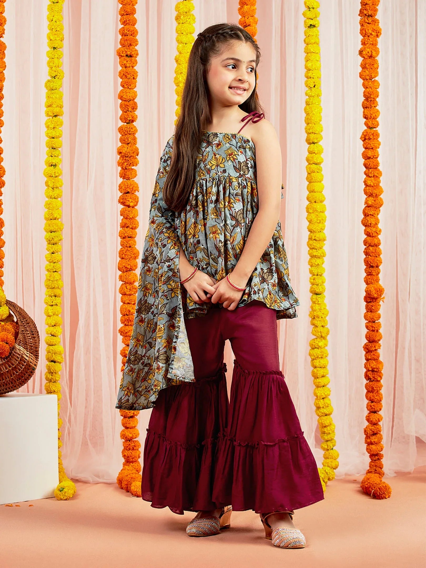 Girls' Grey Printed Tunic With Palazzo Set