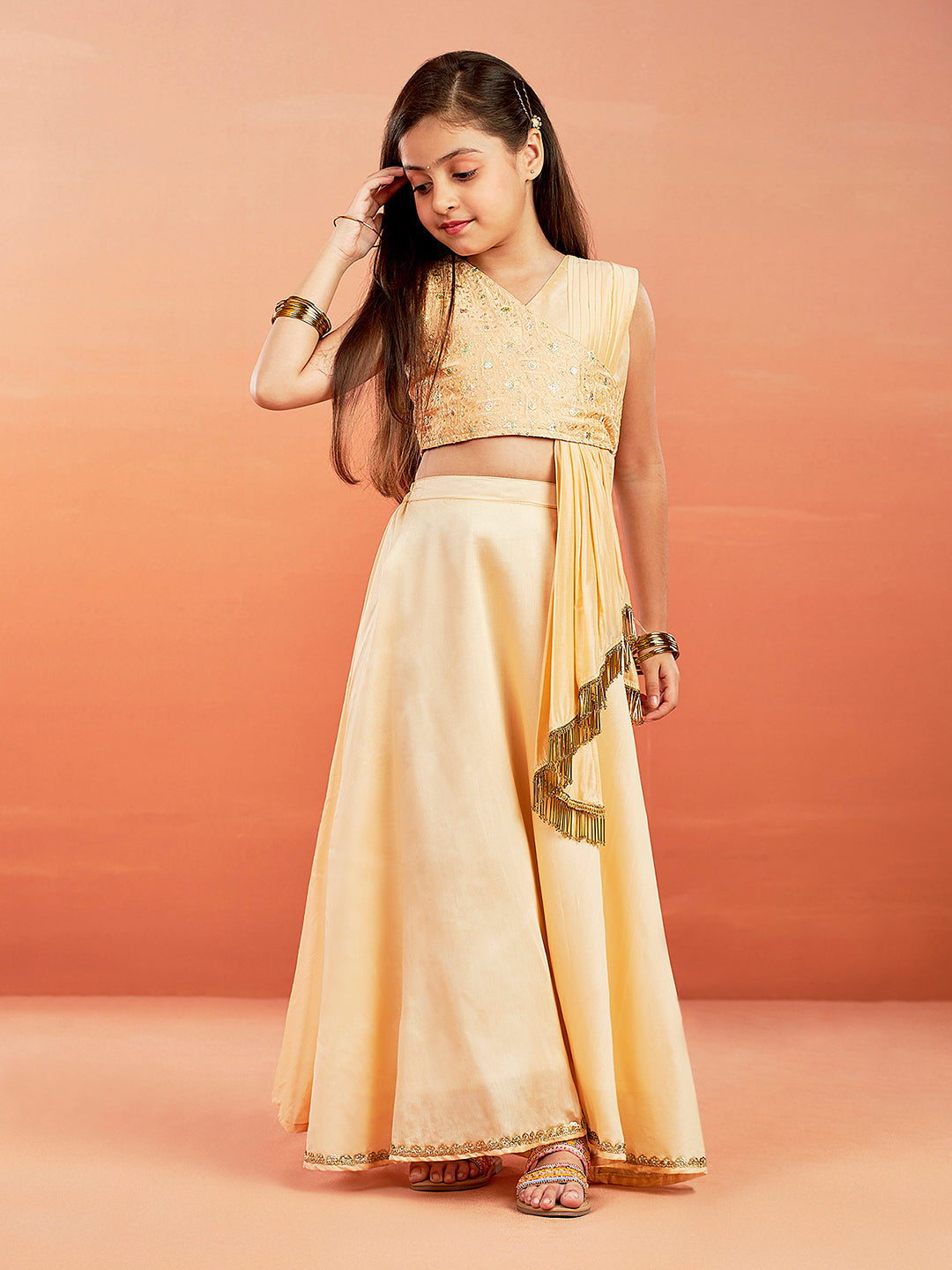 VASTRAMAY Girls' Peach Embroidered Crop Top And Blended Skit With Attached Pleated Dupatta Set - qivii