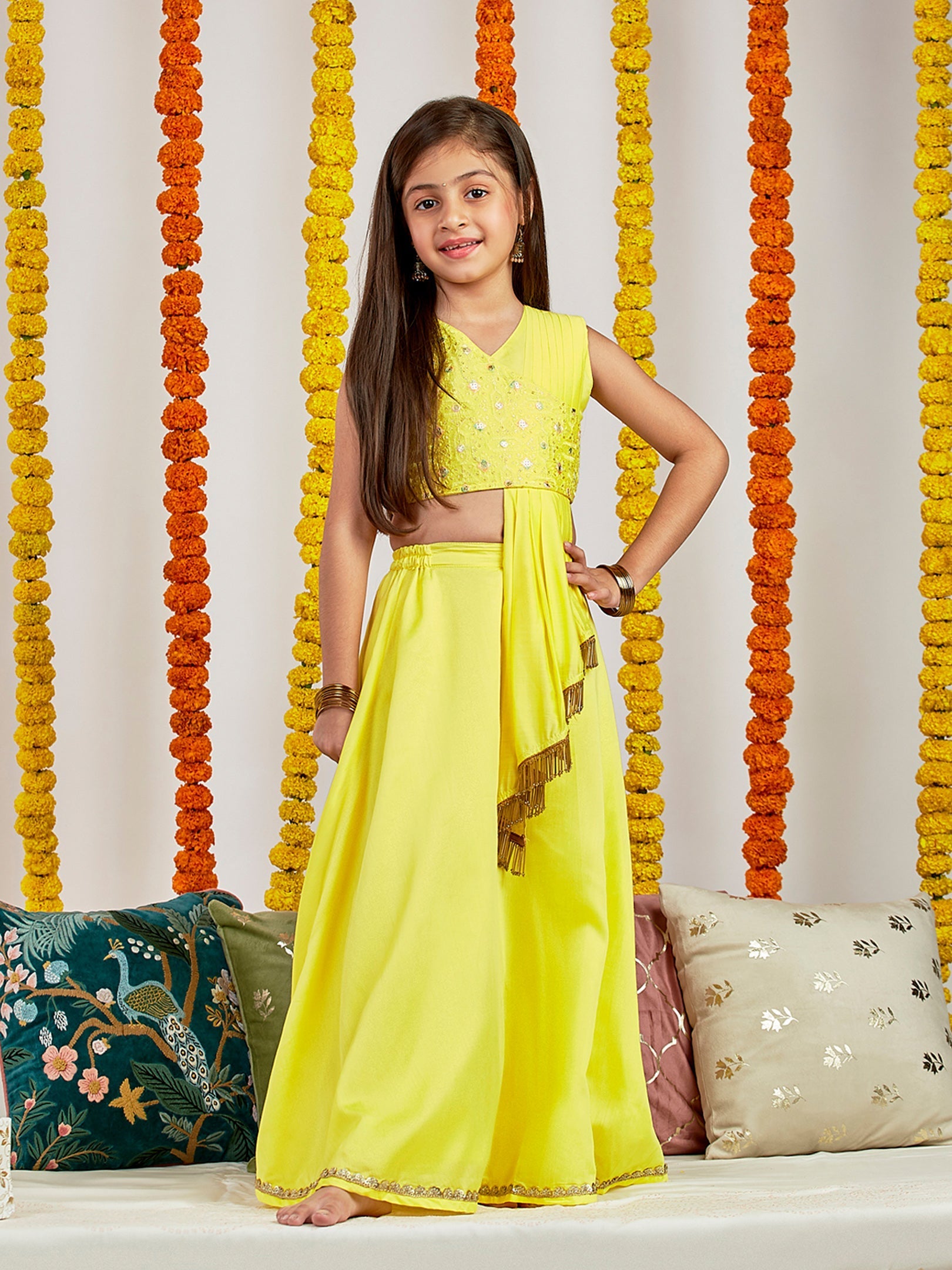 VASTRAMAY Girls' Yellow Embroidered Crop Top And Blended Skit With Attached Pleated Dupatta Set - qivii