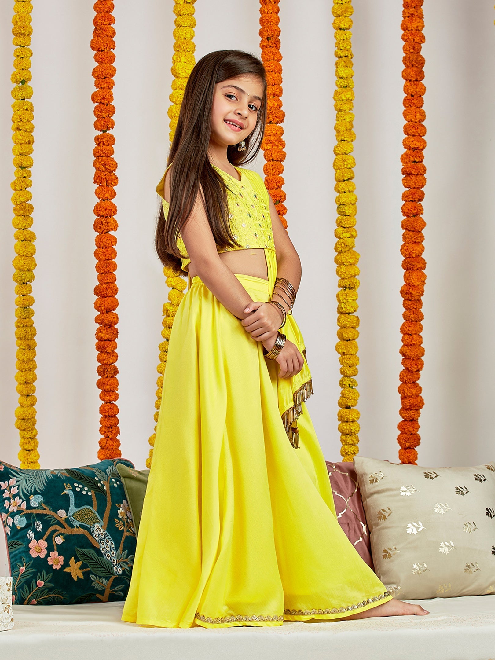 VASTRAMAY Girls' Yellow Embroidered Crop Top And Blended Skit With Attached Pleated Dupatta Set - qivii