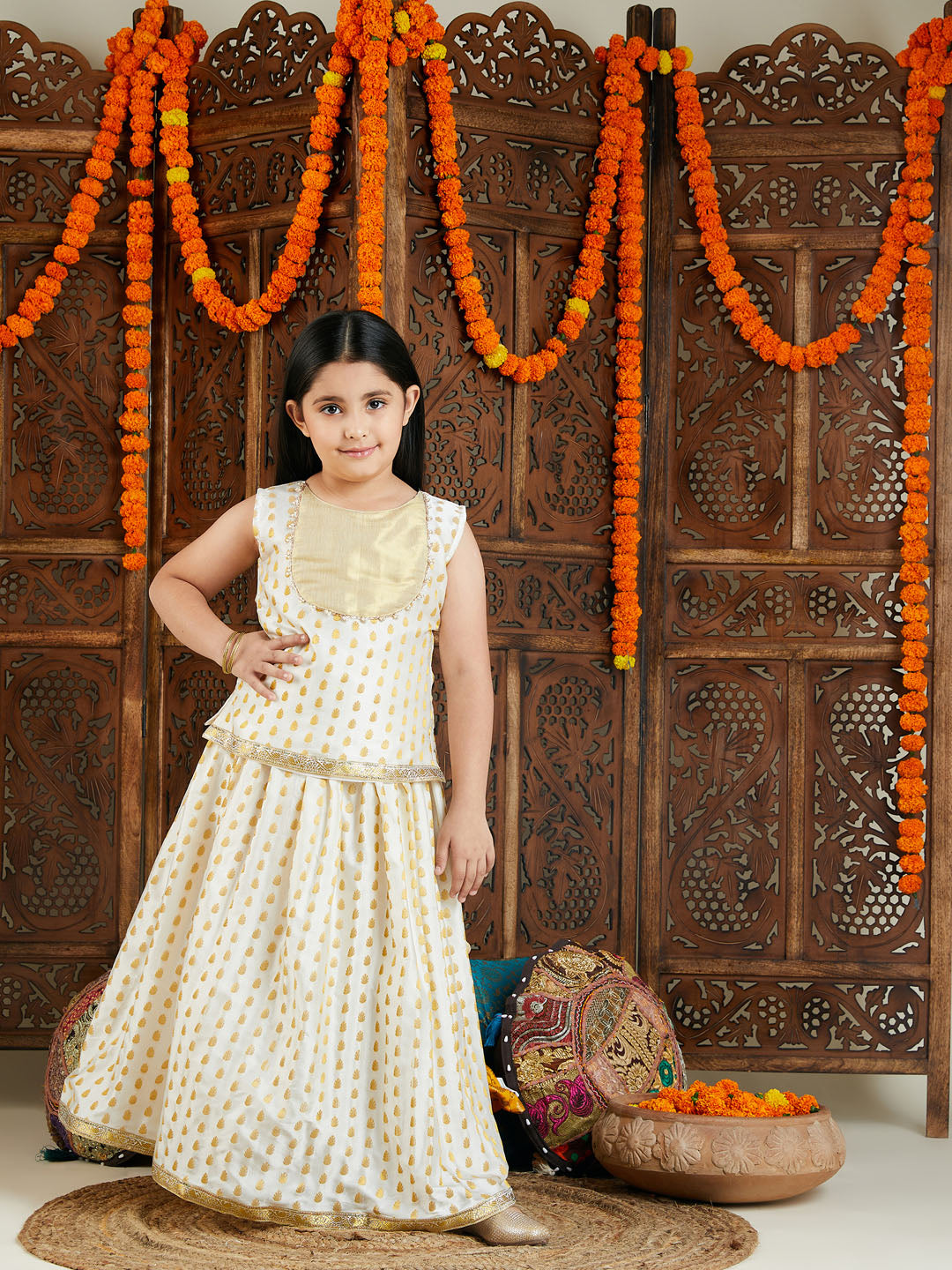 VASTRAMAY Girls' Cream And Gold Jacquard Lehenga - qivii