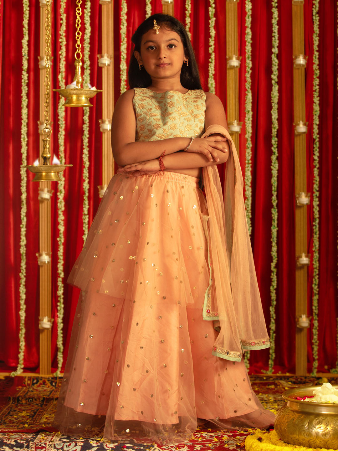 VASTRAMAY Girls' Mint Green Zari Embroidery Worked Crop Top And Net Lehenga Set - qivii